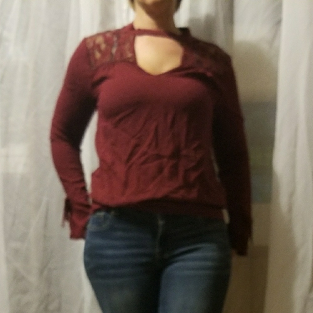 Maurice's wine colored lace shoulder dressy top.